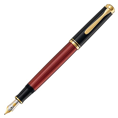 Pelikan 925156 - Elegante pluma estilográfica de lujo linea Souveraen M400, Rayas rojas/negras detalles bañados oro de 24 quilates, Plumín M de dos tonos de oro, Made in Germany
