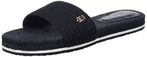 Tommy Hilfiger Mujer Alpargatas TH Textured Flat Sandal Zapatos de Tela, Negro (Black), 37 EU