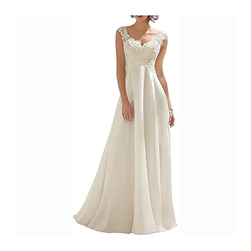 TQWISE Vestido de Novia de Playa Blanco/Ivory Chiffon Lace Appliquéd Bordal Vestido de Novia con Espalda Abierta (Color : Ivory, Size : 2)