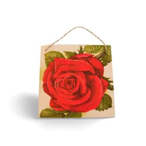 Rosa Roja Plaque de Madera, Cartel, Decoracion de Pared 15 x 15 cm, Floral Poster, Diseño Original para Salon, Dormitorio, Office, Bar, Hogar, Hecho a Mano