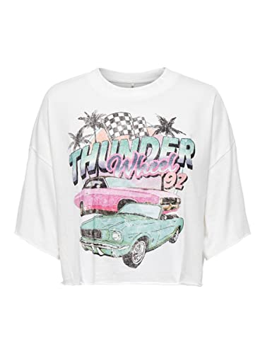 Only Onllucy Boxy Crop S/S Race Top Box Jrs Camiseta, Cloud Dancer/Print:Thunder, L para Mujer