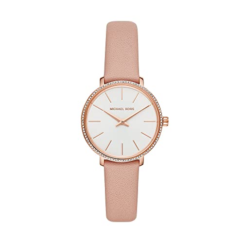 Michael Kors Reloj para mujer Pyper, movimiento de dos manecillas, caja de acero inoxidable de 32 mm de color oro rosa con correa de piel, MK2803