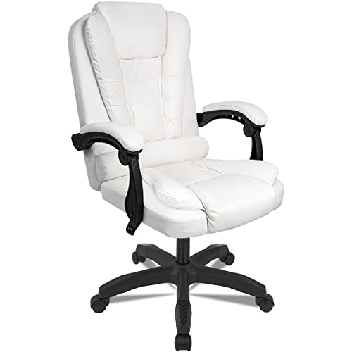 T-LoVendo TLV-AM-PC21-WHITE Sillón de Oficina Altura Ajustable Cuero Sintético Acolchada Reclinable Silla Director, Blanco, Universal