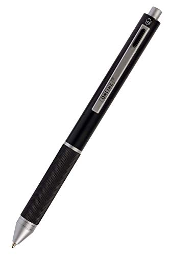 ONLINE Bolígrafo 4 en 1 negro | Bolígrafo y lápiz | Bolígrafo metálico multifuncional | 3 minas para bolígrafo en azul, negro y rojo y una mina de lápiz de papel. Incluye goma para borrar