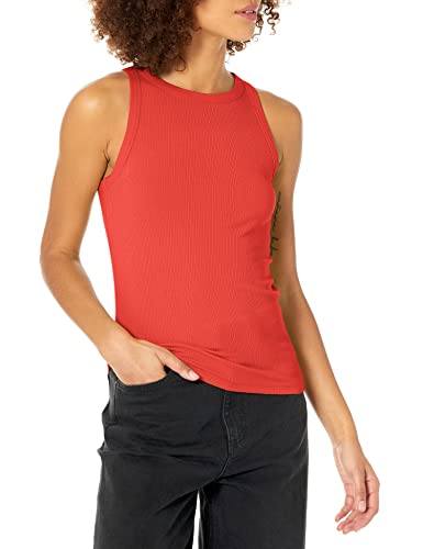 The Drop Valerie Camiseta sin Mangas en Punto de Canalé de Cuello Cerrado con Espalda de Nadadora para Mujer, Rojo Fuego, 3XL Grande