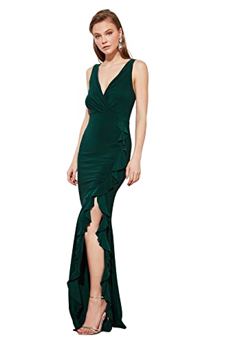 Trendyol Mujer Vestido de Noche de Punto Glam Maxi Sirena de Ajuste Regular, Verde Esmeralda, 38