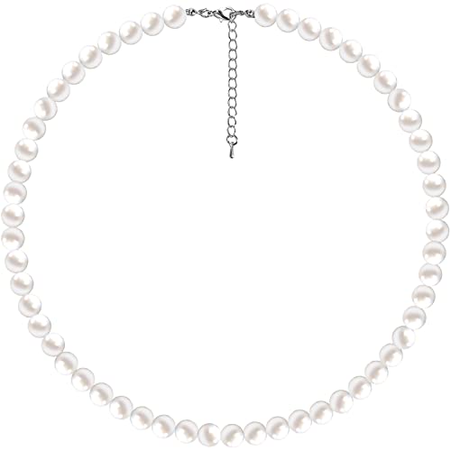 Collar Redondo de Perlas de 6mm, Imitación Collar de Perlas Collar De Perlas Blancas, Collar de Perlas de Joyería Artificiales de Boda para Novias, Mujer y Hombre - 45-50CM
