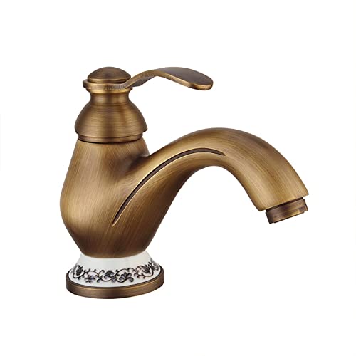 FW Grifo De Lavabo Grifo De Baño Estilo De Vendimia Latón Monomando Grifo, Grifo Mezclador Agua Fría Y Caliente, Válvula De Cerámica, Latón Antiguo