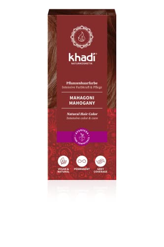 khadi MAHAGONI tinte vegetal, rojo aterciopelado con matices terracota a un rojo castaño oscuro y profundo, color natural 100% vegetales y vegano, cosmética natural, 100g