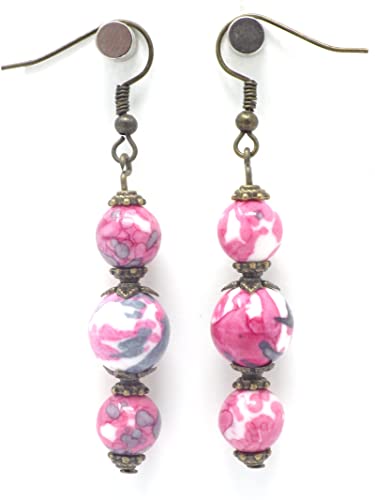 Pendientes con perlas finas en jade natural teñido de rosa y gris, perlas metalizadas y gancho en bronce francés.