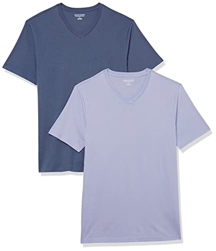 Amazon Essentials Camiseta de Cuello en Pico de Manga Corta y Ajuste Entallado Hombre, Pack de 2, Azul Efecto Lavado/Lavanda, XS