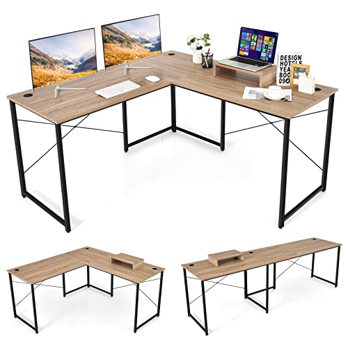 COSTWAY Escritorio de Ordenador en Forma de L, 3 Orificios para Cables, Estante Extra, 2 Formas, Mesa de Trabajo de 2 Personas，Mesa Escritorio Esquina Gaming, 240x60x74cm (Natural)