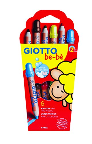 Giotto be-bè 466400 - Estuche 6 lápices de colores, (mina de 7 mm diámetro, capuchón posterior de seguridad anti-mordedura, anti-hogo y sacapuntas), multicolor