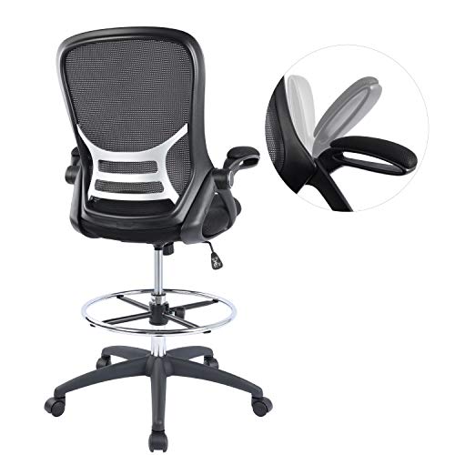 Silla de dibujo ergonómica de malla con respaldo alto, silla de oficina alta, taburete de escritorio con anillo ajustable y brazos abatibles (negro)