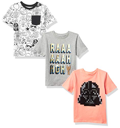 Amazon Essentials Disney | Marvel | Star Wars Camisetas de Manga Corta (Previamente Spotted Zebra) Niño, Pack de 3, Blanco/Gris/Naranja/Star Wars/Dibujos, 6-7 años