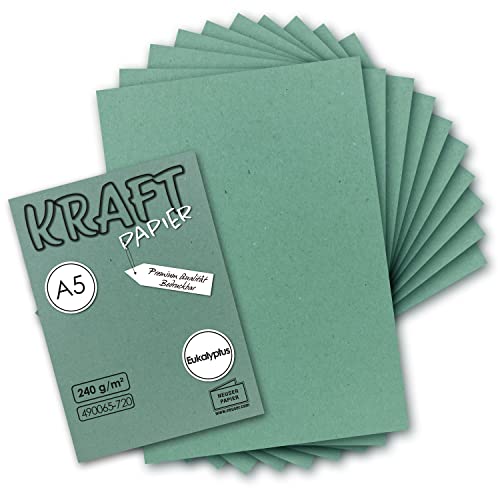 GUSTAV NEUSER Papel de estraza vintage, 50 unidades, color verde eucalipto, formato DIN A5, 21 x 14,8 cm, papel reciclado natural, ecológico, para tarjetas individuales