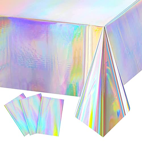 XIXKOLYU Pack de 4 manteles de plástico iridiscentes brillantes desechables Láser rectángulo Mantel de lámina holográfica mantel iridiscente cumpleaños decoración de fiesta