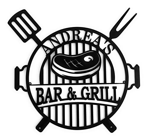 Bar & Grill Letrero de pared de metal con nombre personalizado, Idea de Regalo para padre, Decoración de Cocina y Hogar, Cartel montado la pared, Zona de Barbacoa, porche, BBQ sign, jardín, exterior