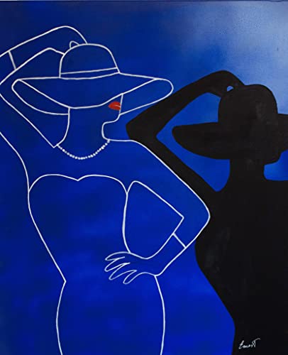 Cuadro en lienzo pintado a mano en colores acrílicos, titulado Perfil de mujer sobre fondo azulde medidas 60X72X2 cm. No necesita marco. Artista Ernest Carneado Ferreri