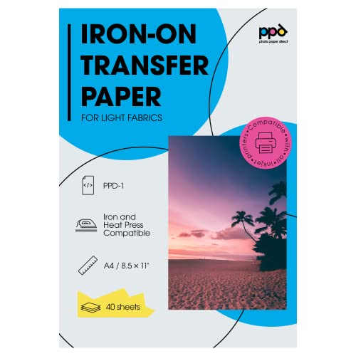 PPD A4 x 40 Hojas de Papel de Transferencia Térmica Para Camisetas, Mascarillas y Tejidos Blancos o Claros - Para Impresora de Inyección de Tinta Inkjet - PPD-1-40