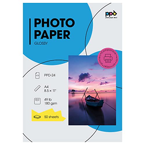 PPD Inkjet - A4 x 50 Hojas de Papel Fotográfico Brillante 180 g/m² - Calidad Profesional para Uso Diario - Secado Instantáneo - Para Impresión de Inyección de Tinta - PPD-24-50