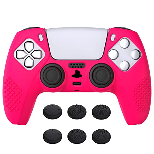 eXtremeRate PlayVital Funda de Silicona para ps5 Protector Tacto Suave Carcasa Ergonómica con 6 Tapas de Joysitcks para ps5 Funda de Goma para ps5 Mando(3D Tachonado-Rosa Vivo)