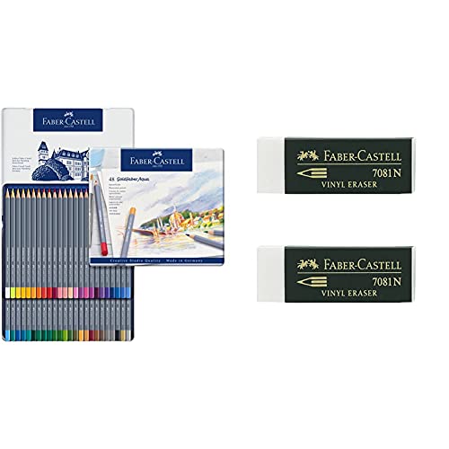 Faber-Castell 114648 estuche de metal con 48 ecolápices acuarelables hexagonales goldfaber aqua, colores surtidos + Blister 2 gomas de borrar Goldfaber blanco