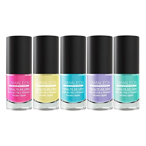 Camaleon Cosmetics - Pack Manicura Multicolor Tonos Pastel - Larga Duración - Secado Rápido - Vegano - 5 Unidades. …