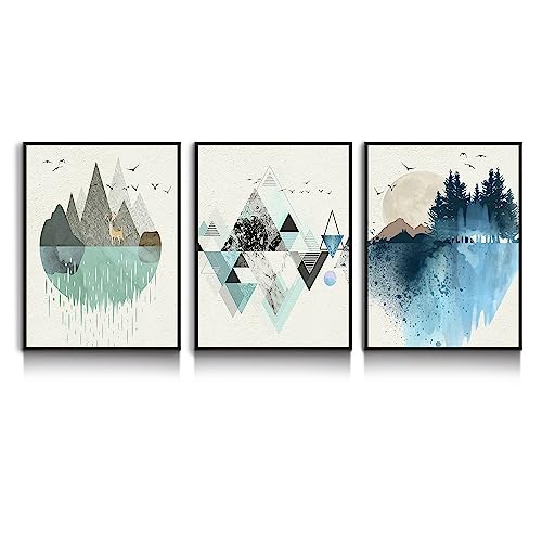 hyidecorart Marco Negro Cuadros Abstractos Modernos, 3 Piezas Verde Y Azul Lámina Para Enmarcar Montañas Geométricas, Nórdico Minimalista Para Dormitorio Sala Comedor Oficina Pasillo Cocina Y Baño