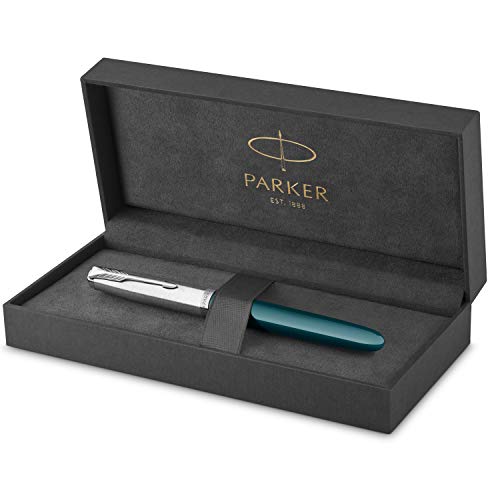 PARKER 51 pluma estilográfica | cuerpo azul verdoso con adorno cromado | plumín fino con cartucho de tinta negra | estuche de regalo