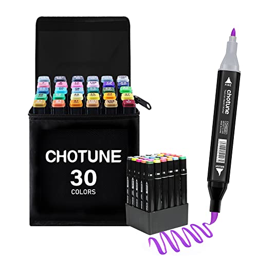 CHOTUNE Rotulador de 30 Colores, Marcadores Permanente, Rotuladores de Punta Pincel, Mezcla Fácil para Esbozo e Ilustración con Bolso y Base Negros