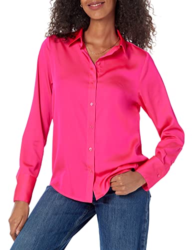Amazon Essentials Blusa Abotonada de Satén, Corte Clásico (Disponible en Tallas Grandes) Mujer, Rosa Fluorescente, L