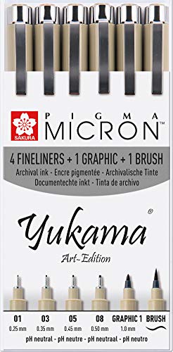 Yukama Sakura Pigma Art-Edition - Juego de rotuladores de punta fina (6 unidades, 4 rotuladores Pigma Micron, 1 pincel Pigma y 1 gráfico Pigma #1)