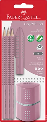 Faber-Castell 580073 Grip 2001 - Juego de lápices con tres lápices, goma de borrar y triple sacapuntas, color rosa