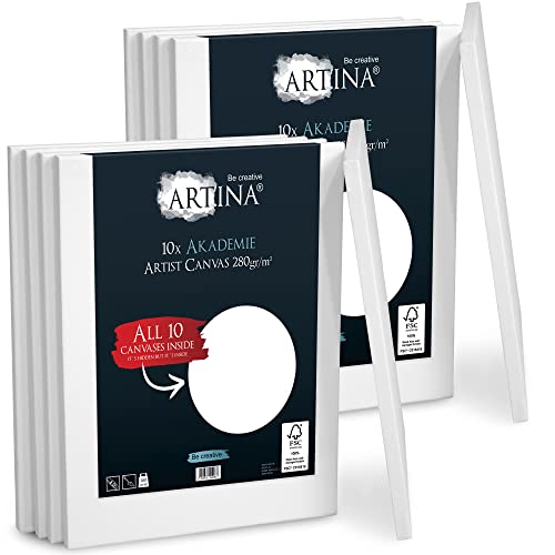 Artina Set de 10 Lienzos blancos Akademie con certificación FSC® - 40x50 cm 100% algodón Lienzo y Bastidor Blancos - 280g/m² - no se deforma - prepintado con pintura blanca.
