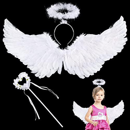 Disfraz de alas de ángel blanco, disfraz de ángel para mujer con halo y varita mágica, alas de ángel, decoración de alas blancas, 60 cm, alas de plumas, ángel, Halloween, carnaval, fiesta, cosplay