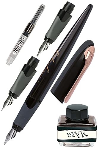 ONLINE Set de caligrafía Air, pluma caligráfica con convertidor, plumas de caligrafía en diferentes grosores de trazo, tinta negra, pluma preciosa en negro y oro rosa, en caja de regalo