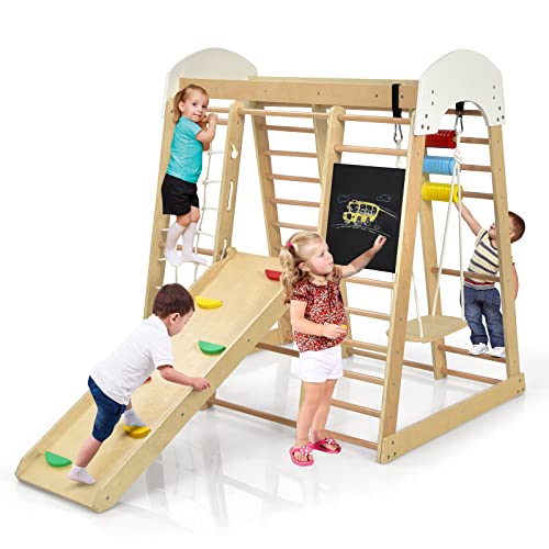 COSTWAY Set Escalada 8 en 1 para Niños, Escaldada de Madera con Tobogán, Rocas de Escalar y Escalera, Red de Escalada, Barra Horizontal, Centro Actividad de Interior para Niños 3+ Años (Natural)