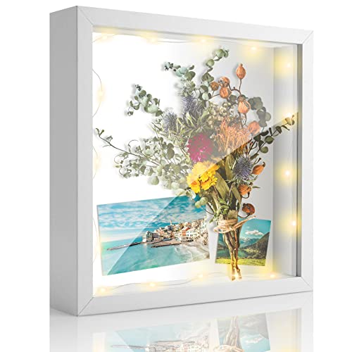 Brmeday Marco De Fotos 3D Para Llenar - Marco De Fotos Profundo 20 x 20 Cm Para Objetos De Hasta 3 Cm,Marco De Objetos Blanco Con Cristal Acrílico Irrompible,Decoración De Pared,Con Luces Led 3 m