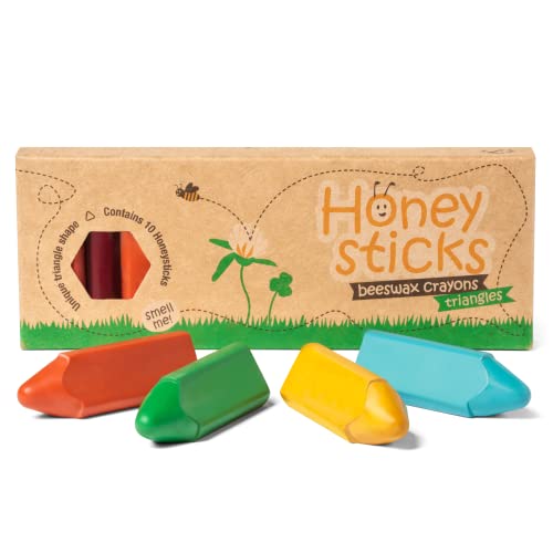 Honeysticks Ceras de Colores 100% Pura Cera de Abeja Natural – 10 Ceras para Bebés Triangulares para Desarrollar la Sujeción del Lápiz – No Tóxico, Grado Alimentario, Hechas en Nueva Zelanda
