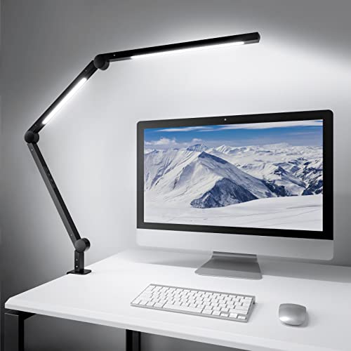 Lampara Escritorio LED, Fuente de Luz Dual Flexo de Escritorio Brazo Oscilante Abrazadera, LED 4 Modos de Color et 4 de Brillo, Control Tactil, de Mesa para Trabajo, Estudiar