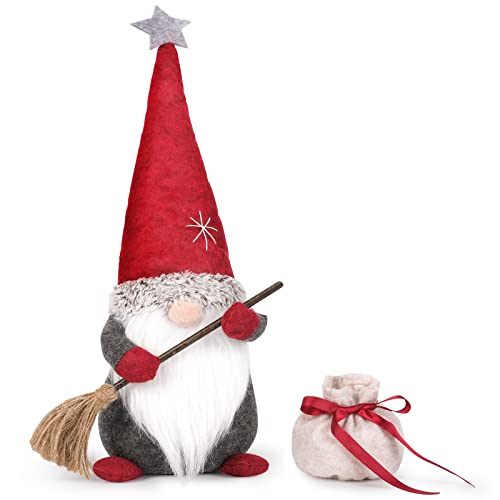 D-FantiX Gnomos de Navidad de barrido con escoba y bolsa de arpillera, 17.7 pulgadas, hecho a mano, figura escandinava sueco, Tomte Santa, decoración de Navidad, decoración del hogar