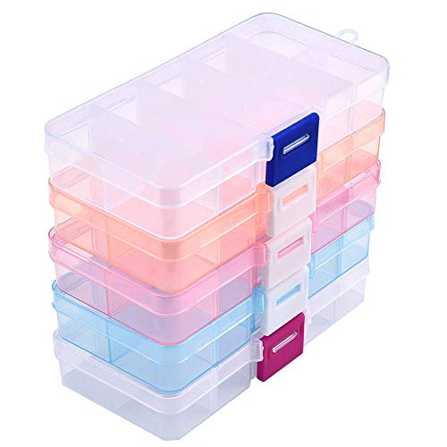 Caja organizadora de joyas, 5 unidades, caja de almacenamiento de plástico, 10 rejillas con divisores ajustables, organizador de cuentas para anillos, aretes, suministros de arte (color mezclado)