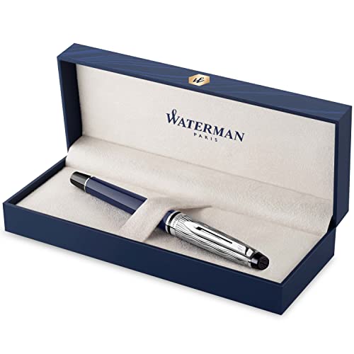 Waterman Expert pluma estilográfica | Metalizada y lacada en azul | Capuchón labrado | Plumín fino de acero inoxidable | Tinta azul | Estuche de regalo |