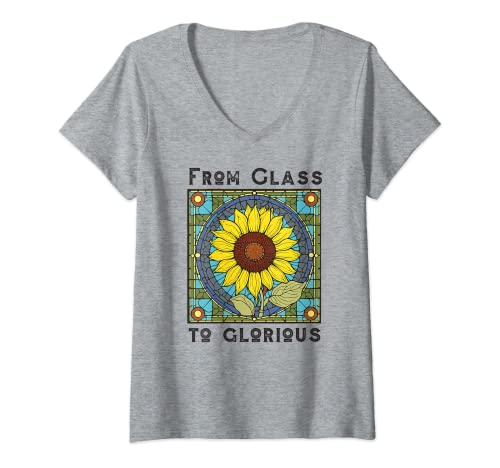 Mujer Vidrieras con diseño de girasol, colorido Camiseta Cuello V