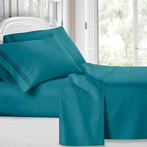 RoyalLinenCollection - Sábana bajera ajustable de 3 piezas, color azul verdoso, 100% algodón egipcio de 600 hilos, bolsillo extra profundo (10 pulgadas)