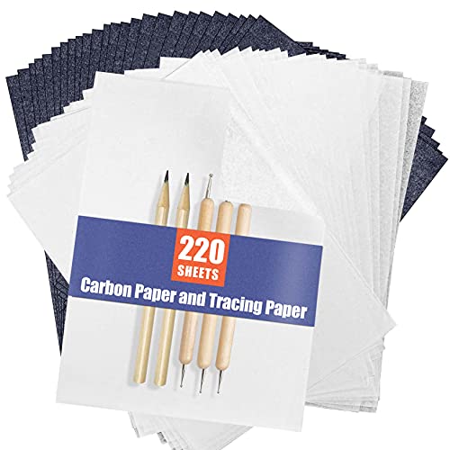 PSLER 120 hojas de papel de transferencia blanco y 100 hojas de papel de transferencia de carbono con 3 piezas de estilu en relieve y 2 lápices para manualidades de madera, papel, lienzo y otras