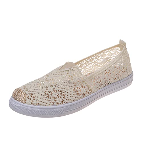 Moda mujeres color sólido encaje otoño sin cordones tejido plano punta redonda zapatos de ocio zapatos tacón de cuña verano, blanco, 40 EU