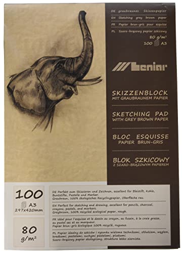 Honsell Bloc de bocetos de 80 g/m², DIN A3, 100 Hojas, 100% Papel Reciclado ecológico con Superficie Rugosa, para Dibujar y esbozar, marrón/Gris