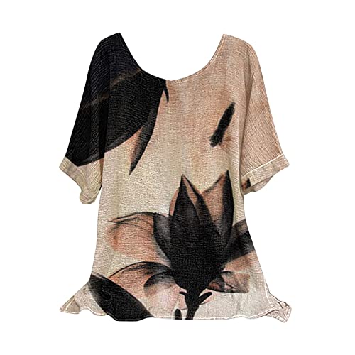 Yowablo Camiseta suelta O Top Casual Tops Cortos Camisa Tops Túnica Mujeres Cuello Mangas Impreso Lino Verano Blusa Blusas Manga Corta para Mujeres Vestidas Casual, beige, XL